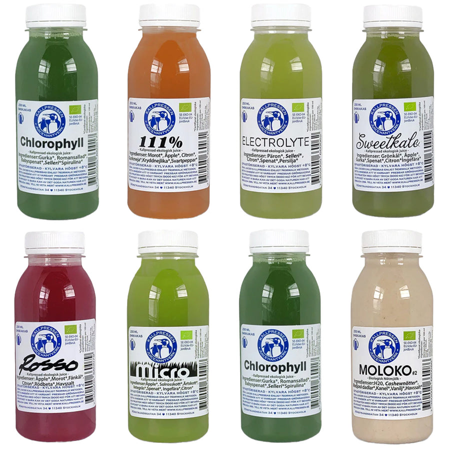 JUICEFASTA med 8 juicer/dag ekologisk kallpressad juicepaket